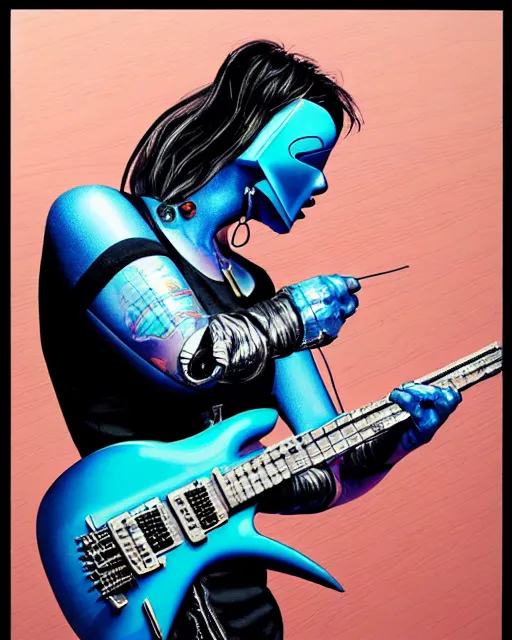 Image similar to a portrait of an anthropomorphic cyberpunk blue lhama shredding an electric guitar by sandra chevrier, by jon foster, detailed render, tape deck, epic composition, cybernetics, 4 k realistic, cryengine, realistic shaded lighting, sharp focus, masterpiece, by enki bilal