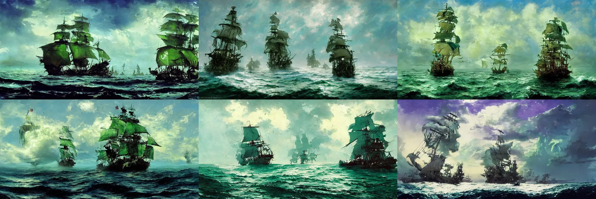 Prompt: a pirate ship swimming on a beautiful sea below clouds forming the image of a skull with green eyes, by John Berkey, featured on artstation