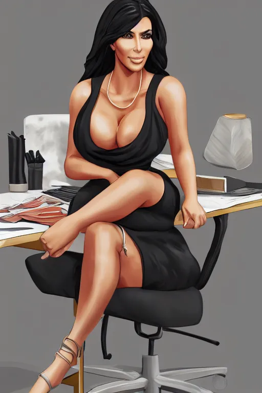 Prompt: kim kardashian sitting at a desk, big bust open shirt shirt, office interior, highly detailed, wide shot, intricate, cute, mystical, sharp focus, Trending on Artstation HQ, deviantart, unreal engine 5, 4K UHD image