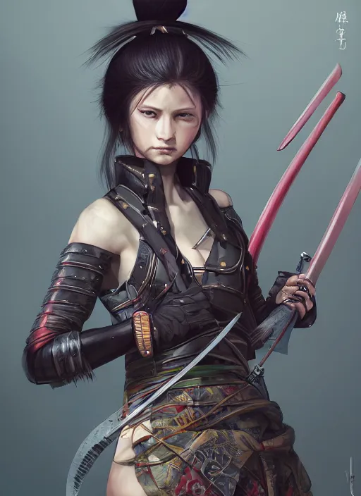 Prompt: samurai girl with katana in future dystopia, fantasy, medieval, vivid colors, fantasy, elegant, concept art, sharp focus, beautiful face, digital art, Hyper-realistic, 4K, unreal Engine, Highly Detailed, HD, Dramatic Lighting by Brom, trending on Artstation