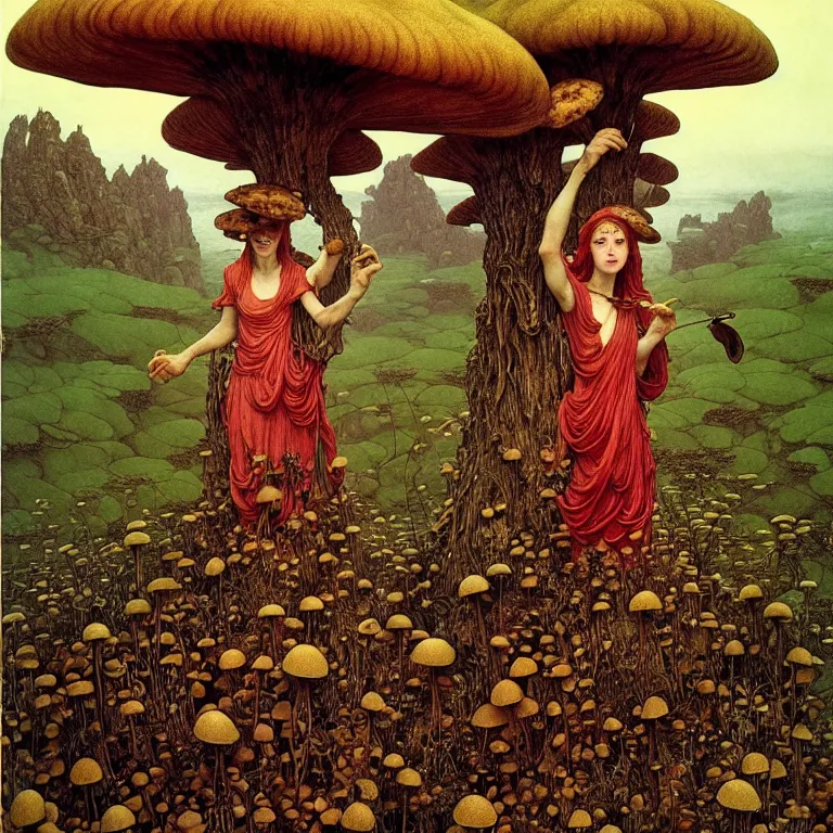 Image similar to A funguswoman stands among the mushroom hills. Wearing a fungus and mushroom. Perfect faces, extremely high details, detailed, realistic, fantasy art, solo, masterpiece, art by Zdzisław Beksiński, Arthur Rackham, Dariusz Zawadzki, Edward Robert Hughes, Eugene de Blaas, Frederic Leighton