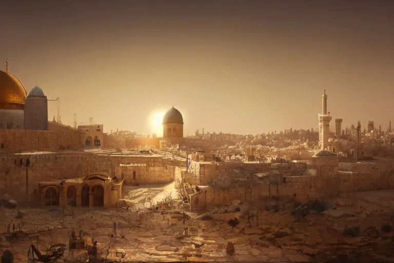 Prompt: jerusalem city on the moon, matte painting, long shot, concept art, wide shot, digital art, trending on artstation, 4 k, extremely detailed, realistic, midday, warm colors, golden sunlight, by greg rutkowski, cinematic, epic