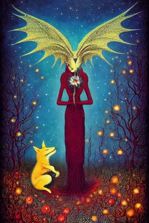 Image similar to surreal hybrid dragons and foxes, nostalgia for a fairytale, magic realism, flowerpunk, mysterious, vivid colors, by andy kehoe, amanda clarke