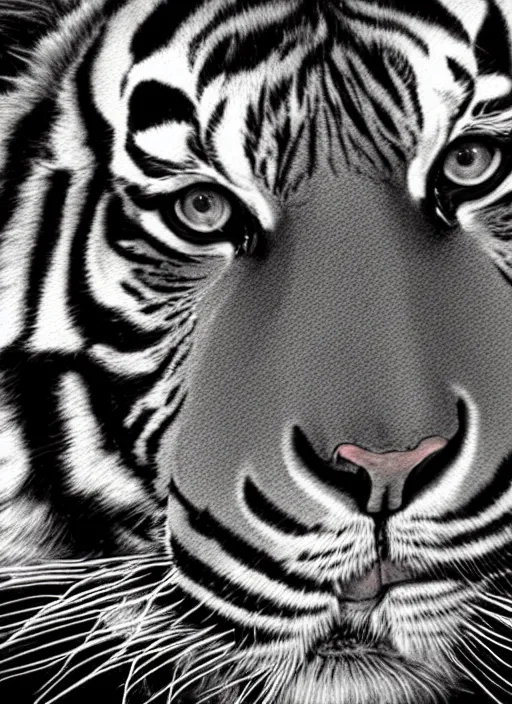 Prompt: a black and white photo of a tiger, a photorealistic painting by christian w. staudinger, behance, hyperrealism, hyper realism, majestic, wallpaper