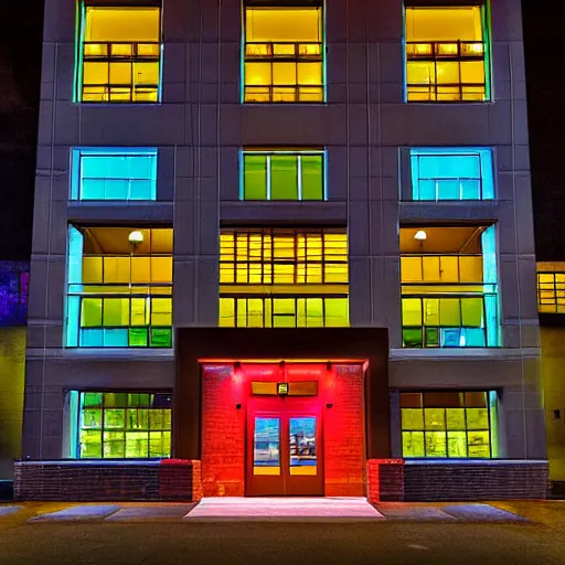 Prompt: Photography city building entrance at night, front elevation view, colorful ,vibrant, by Woelfel, Brandon.