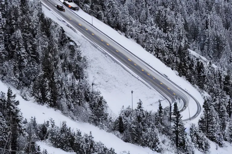 Prompt: a dangerous winding highway route on an icy snowy cliff, blizzard, photo