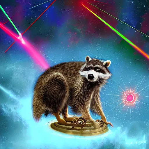 Prompt: laser war between racoons on a planet, blues against the reds, digital art, award winning 4K