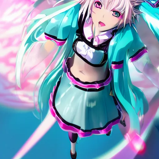 Image similar to stunningly beautiful omnipotent megalomaniacal anime goddess who looks like junko enoshima with symmetrical perfect face and porcelain skin, pink twintail hair and mesmerizing cyan eyes, looking down upon the viewer and taking control while smiling in a mischievous way, mid view from below her feet, hyperdetailed, 2 d anime, 8 k