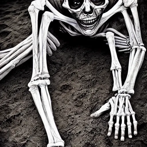 Prompt: skeletal mummy crawling through mud, grinning, eyes wide, horror, hyper realistic, photography,
