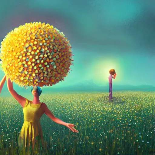 Image similar to giant daisy flower head, frontal, a girl in the suit, surreal photography, sunrise, dramatic light, impressionist painting, digital painting, artstation, simon stalenhag