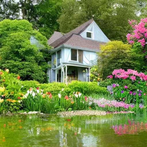 Prompt: A beautiful cottage with a lush front yard, with a flower patch and a flowing river in the style of Monet