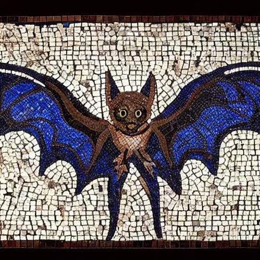 Image similar to medium shot Mosaic depicting a cute realistic adorable vampire bat, realistic wings, looking left, round blue background, from Italica, AD 176-275. Archaeological Museum, Seville. Byzantine mosaics, highly detailed, HQ, HD, beautiful, National Geographic,