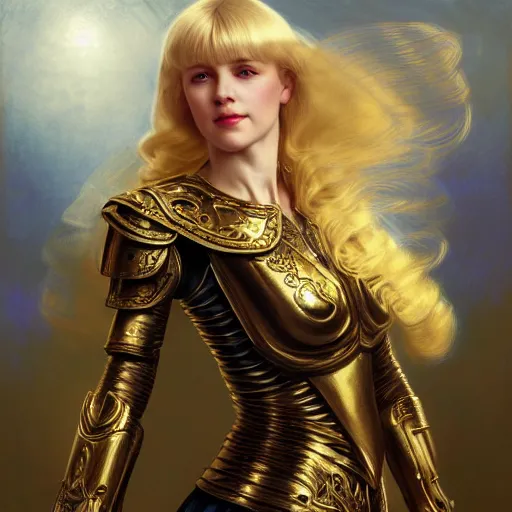 Image similar to of Alice Zuberg, young woman with blonde hair and bangs wearing a golden ornate paladin armor with a blue cloak, dark fantasy, medium shot, intricate, elegant, highly detailed, digital painting, volumetric light, artstation, concept art, smooth, sharp focus, illustration, art by Gil Elvgren and Greg Rutkowski and Alphonse Mucha