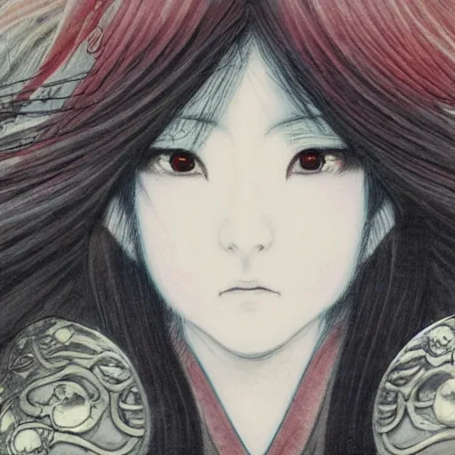 Image similar to yoshitaka amano blurred and dreamy realistic illustration of a japanese woman in anime style with black eyes, wavy white hair fluttering in the wind wearing elden ring armor with engraving, abstract patterns in the background, satoshi kon anime, noisy film grain effect, highly detailed, renaissance oil painting, weird portrait angle, blurred lost edges, three quarter view