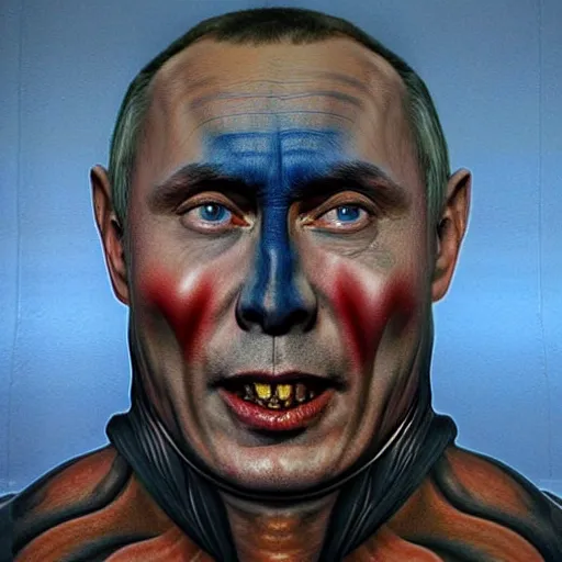 Image similar to stupid idiot degraded retard vlad putin photo - realistic, color image, hyper realistic, 2 k, highly detailed, occult art, by giger, fractal structure