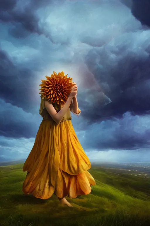 Image similar to closeup giant dahlia flower under head, girl standing on mountain, surreal photography, blue storm clouds, dramatic light, impressionist painting, digital painting, artstation, simon stalenhag