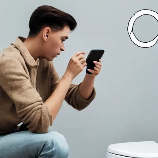 Prompt: a young man sitting on top of the toilet scrolling tiktok on his iphone, distant thoughtful look