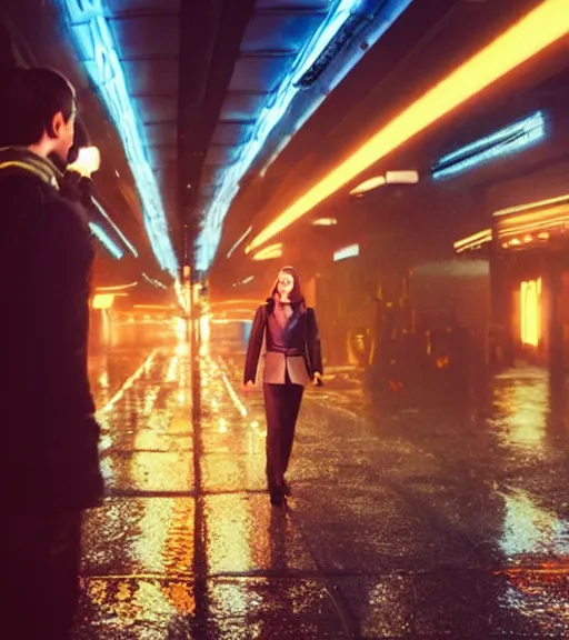 Image similar to a pov shot, color cinema film still kate middleton in blade runner 2 0 4 9, cinematic lighting at night.