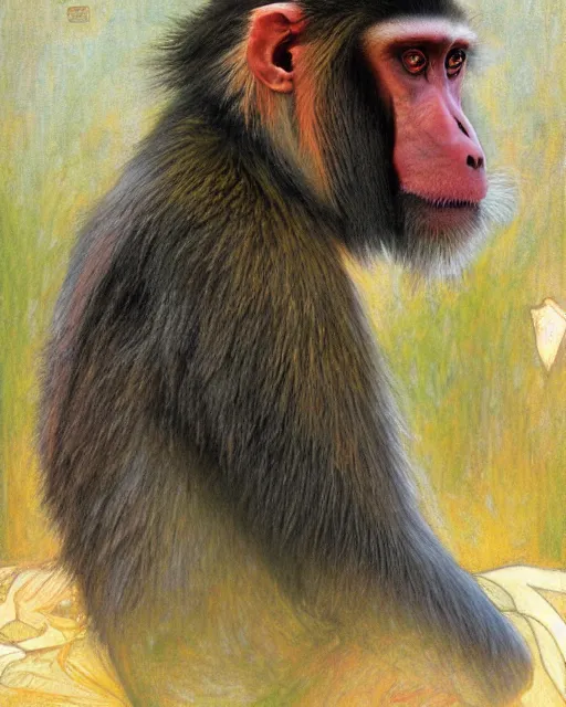 Prompt: portrait of a mandrill by Mandy Jurgens and Richard Schmid and chuck close and mucha