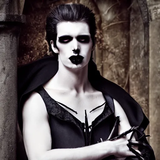 Image similar to head and shoulders vogue fashion photo portrait of a gothic male vampire prince, d & d, fantasy,