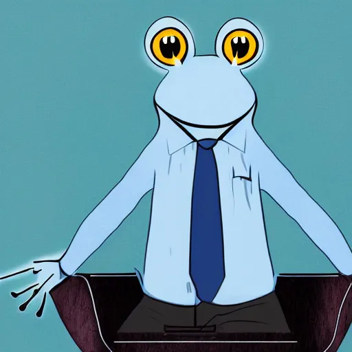 Prompt: professional portrait of a happy anthropomorphic blue frog wearing a suit crossing his arms sitting in an office chair, very intricate, very detailed,