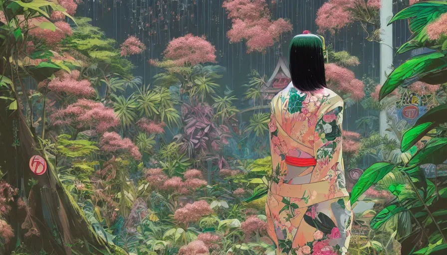 Image similar to a digital painting of a magical japanese temple with a woman wearing gucci exploring, lush plants and flowers, eco - cyberpunk art by james jean, cgsociety, retrofuturism, anime aesthetic, chromatic, iridescent, uhd