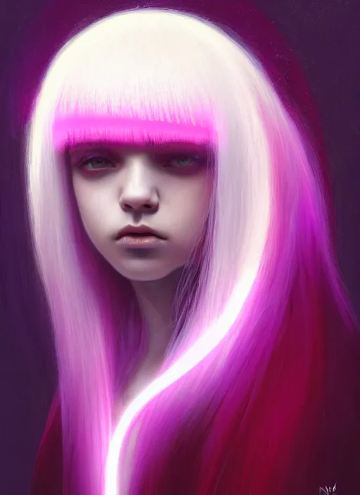 Image similar to hair whitebangs hair, black hair, whitebangs, portrait of teenage girl with white bangs, red irises, purple clothes, white bangs, bangs are different color from hair, intricate, elegant, glowing lights, highly detailed, digital painting, artstation, concept art, smooth, sharp focus, illustration, art by wlop, mars ravelo and greg rutkowski