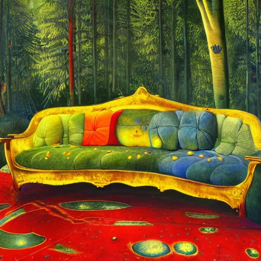 Image similar to psychedelic couch sofa in the lush pine forest, milky way, designed by arnold bocklin, jules bastien - lepage, tarsila do amaral, wayne barlowe and gustave baumann, cheval michael, trending on artstation, canada, star, sharp focus, colorful refracted sparkles and lines, soft light, 8 k 4 k