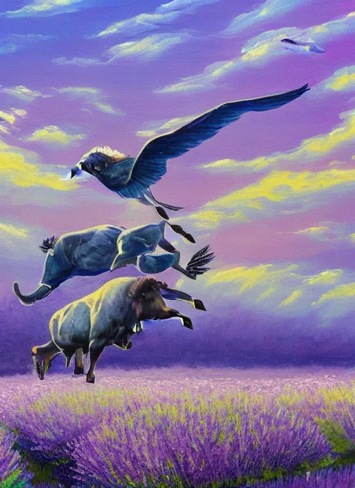 Image similar to A beautiful painting of one flying buffalo with wings in flight over glistening lavender fields at dawn