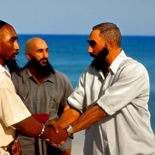 Image similar to cinematic shot of tupac shakur and fidel castro shaking hands in a cuban resort, 8 k, very detailed, very intricate, detailed faces,