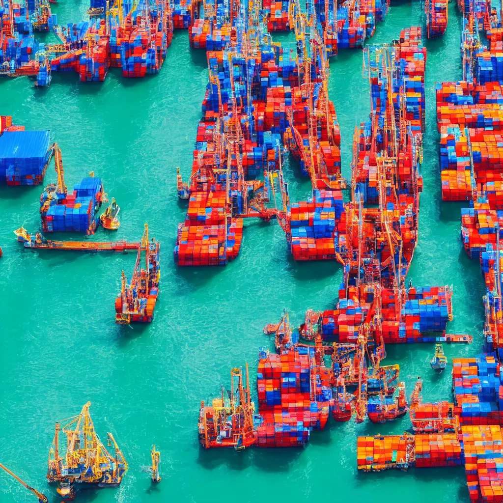 Prompt: colorful construction site with pools of bright blue water, colorful shipping containers, colorful tugboats, birds eye view