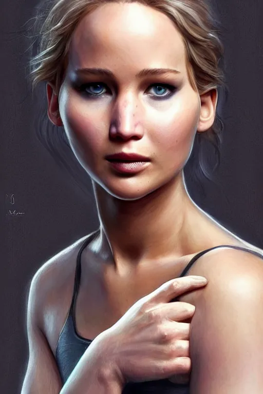 Image similar to Jennifer Lawrence, anatomy, only two hands, highly detailed, digital painting, artstation, concept art, smooth, sharp focus, illustration, Unreal Engine 5, 8K, art by art by artgerm and greg rutkowski and edgar maxence