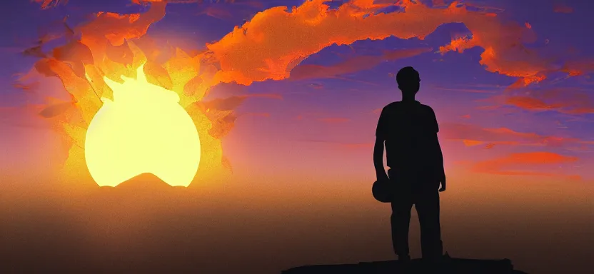 Prompt: silhouette of a man floating in front of a burning sun, digital art, extreme detail