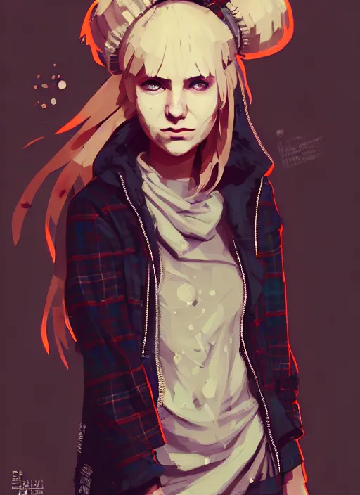 Image similar to highly detailed closeup portrait of a sewer punk swedish female mage student, tartan garment, blonde hair with headband by atey ghailan, by greg rutkowski, by greg tocchini, by james gilleard, by joe fenton, by kaethe butcher, gradient red, black, brown and white color scheme, grunge aesthetic!!! white graffiti tag wall background