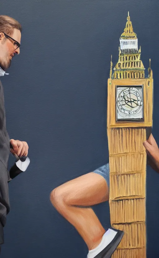 Image similar to detailed photorealistic painting of a man with a miniature big ben between his legs