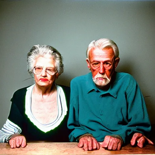 Prompt: a medium shot, colored studio photographic portrait of a old couple, dramatic, from below light, kodachrome camera, kodachrome, 1 9 9 9 photo from life magazine, editorial fashion photography