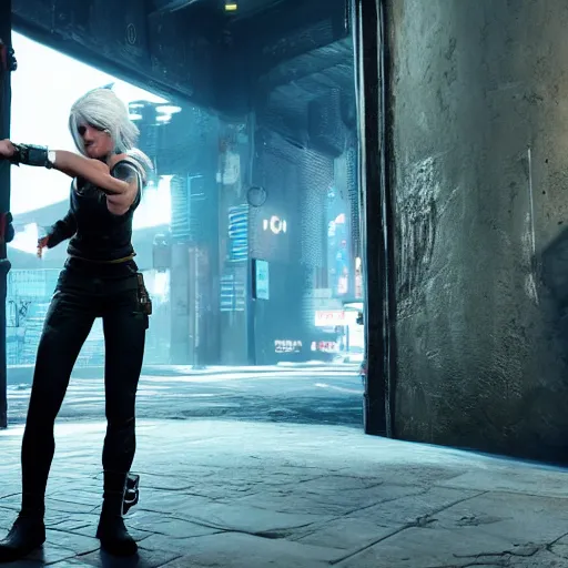 Prompt: Ciri aiming a pistol, sweating, hiding behind a wall during a fight in night city, cyberpunk, 8k ultra realistic, award winning, unreal engine 5, masterpiece