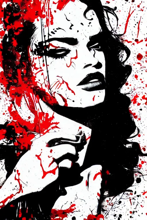 Prompt: dream of a film still from sin city, closeup portrait of film noir megan fox private detective, detailed illustration, digital art, trending on artstation, frank miller, martin ansin, movie poster, paint splatter, black on red, graffiti, gta v,