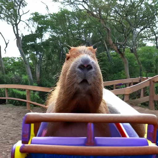 Image similar to a capybara riding a roller coaster