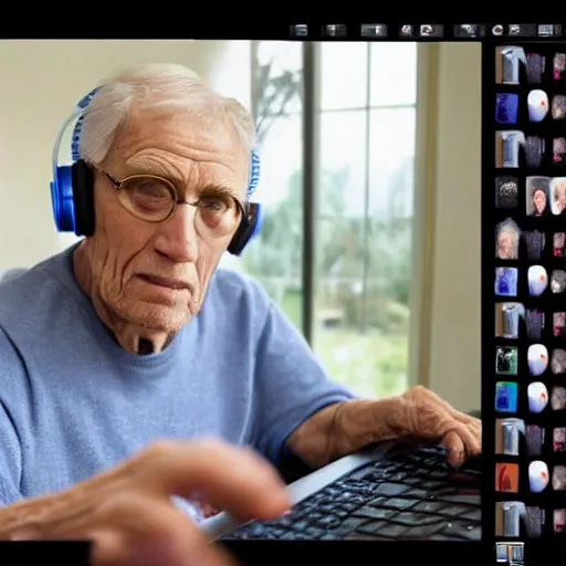 Image similar to A colored colorized real screenshot of Jerma985 as an elderly guy streaming on his computer while wearing headphones, taken in the early 2020s, taken on a 2010s Camera, realistic, hyperrealistic, very realistic, very very realistic, highly detailed, very detailed, extremely detailed, detailed, digital art, trending on artstation, headshot and bodyshot, detailed face, very detailed face, very detailed face, real, real world, in real life, realism, HD Quality, 8k resolution, intricate details, colorized photograph, colorized photon, body and headshot, body and head in view