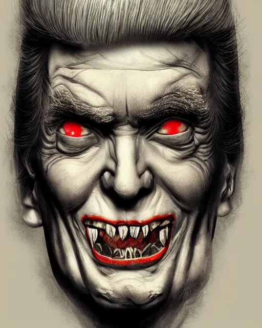 Image similar to donald trump as dracula, character portrait, close up, concept art, intricate details, highly professionally detailed, cgsociety, hyperrealist, in the style of otto dix and h. r giger