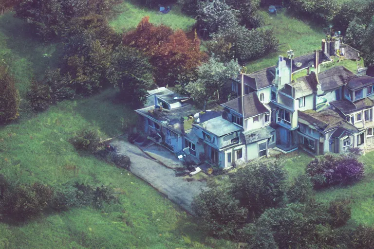 Image similar to cyberpunk, an estate agent listing external photo of a 5 bedroom detached house in the countryside, by Paul Lehr, highly detailed, photorealistic, 8k, anamorphic, cinestill cinematrography