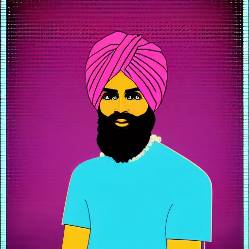 Image similar to a portrait of an indian man with a turban, in retro colors, synthwave style, 2 d digital vector art