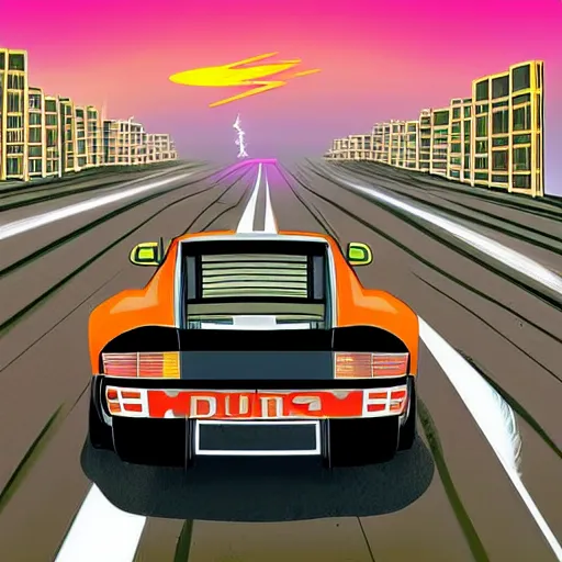 Prompt: the view of the back of an 80's porsche rally car as it races down a sand covered 2 lane road towards the high rise cityscape of Dubai, some of the blacktop is showing, but it's mostly covered by sand, lightning bolts strike in the sky, sun shines down on the car, there is a magical ambiance in the air, fantasy illustration, detailed painting, and deep color