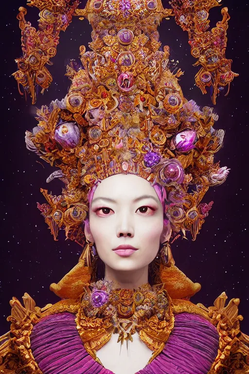 Prompt: a beautiful empress portrait, with a brilliant, impossible striking big cosmic headpiece, clothes entirely made out of cosmos, symmetrical, dramatic studio lighting, rococo, baroque, jewels, asian, hyperrealism, closeup, D&D, fantasy, intricate, elegant, highly detailed, digital painting, artstation, octane render, 8k, concept art, matte, sharp focus, illustration, art by Artgerm and Greg Rutkowski and Alphonse Mucha