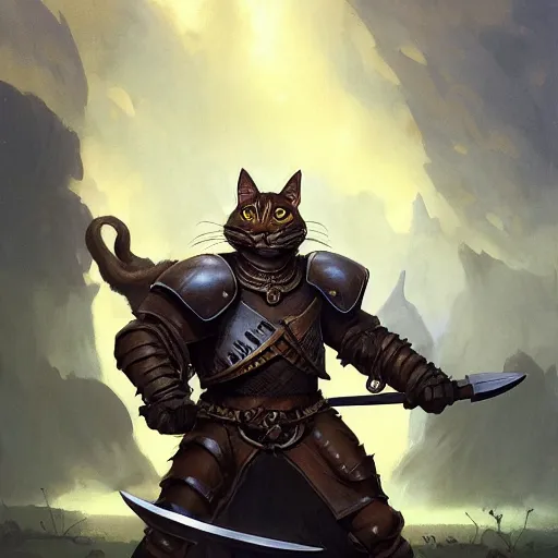 Image similar to ( ( ( full length portrait of a dark tabby tabaxi paladin, halberd, breastplate ) ) ), d & d, tyler jacobson, greg rutkowski, frank frazetta, alexandre chaudret, boris vallejo, michael whelan, miro petrov, magali villeneuve, donato giancola