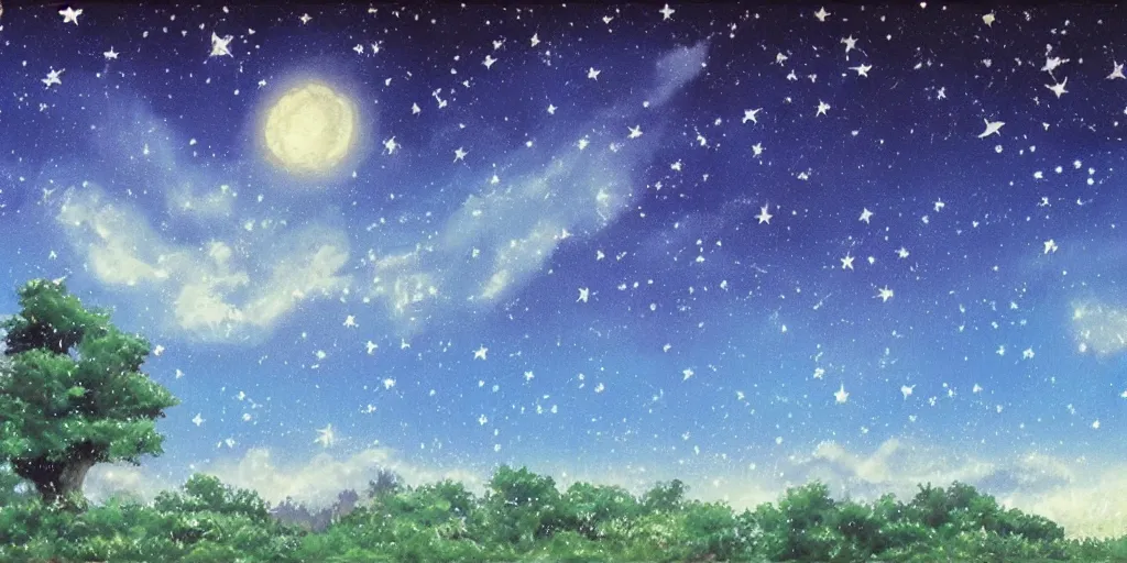 Prompt: night sky full of stars, soothing light, painting by studio ghibli - h 5 7 6