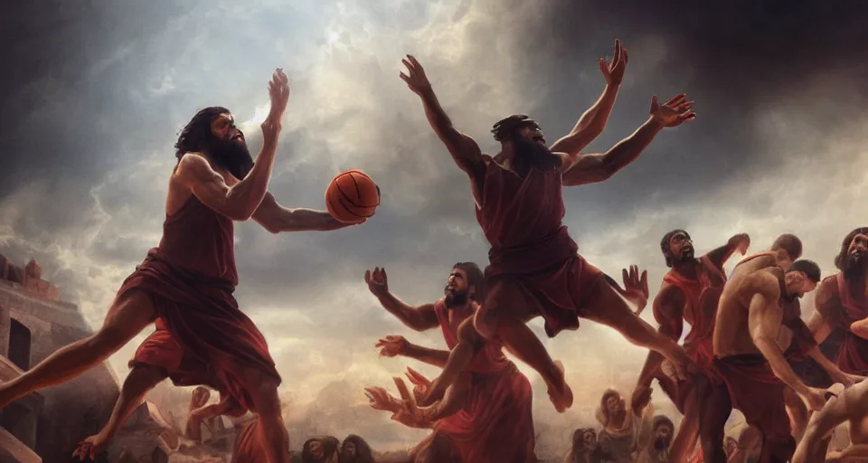 Image similar to biblical scene of jesus dunking a basketball versus satan, michaelangelo, matte painting, concept art, 4 k