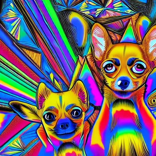 Image similar to chihuahua with rainbow fur, psychedelic fur, in an abstract mc escher environment, happy chihuahua, 4 k, 8 k, ultra detailed, digital illustration