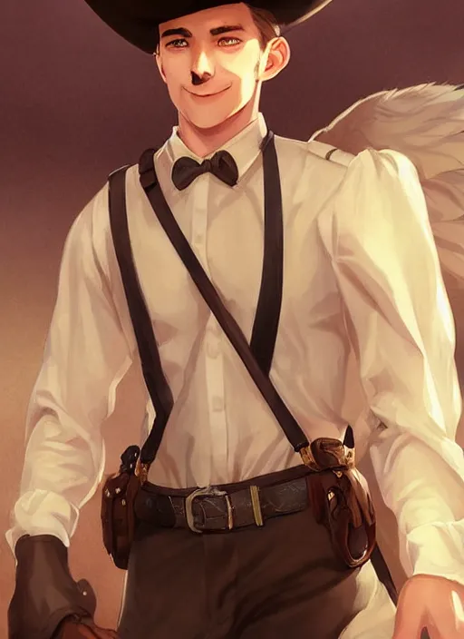 Image similar to beautiful portrait commission of a male furry anthro timber wolf old-timey Sherriff wearing white dress shirt with suspenders in an old-timey desert town. Atmospheric. Character design by charlie bowater, ross tran, artgerm, and makoto shinkai, detailed, inked, western comic book art